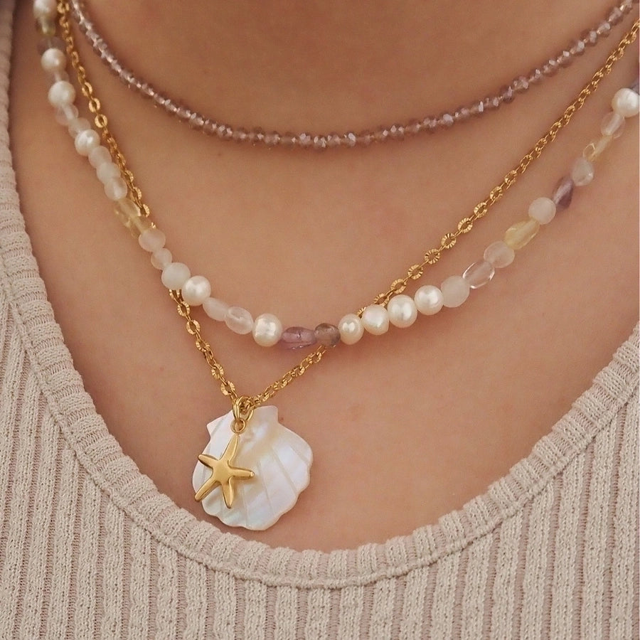 Vacation Marine Style Beach Starfish Dolphin Shell 18K Gold Plated Shell Titanium Steel  Pendant Necklace