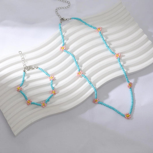 Vacation Beach Sweet Flower Plastic Seed Bead Beaded Women's Bracelets Necklace Jewelry Set