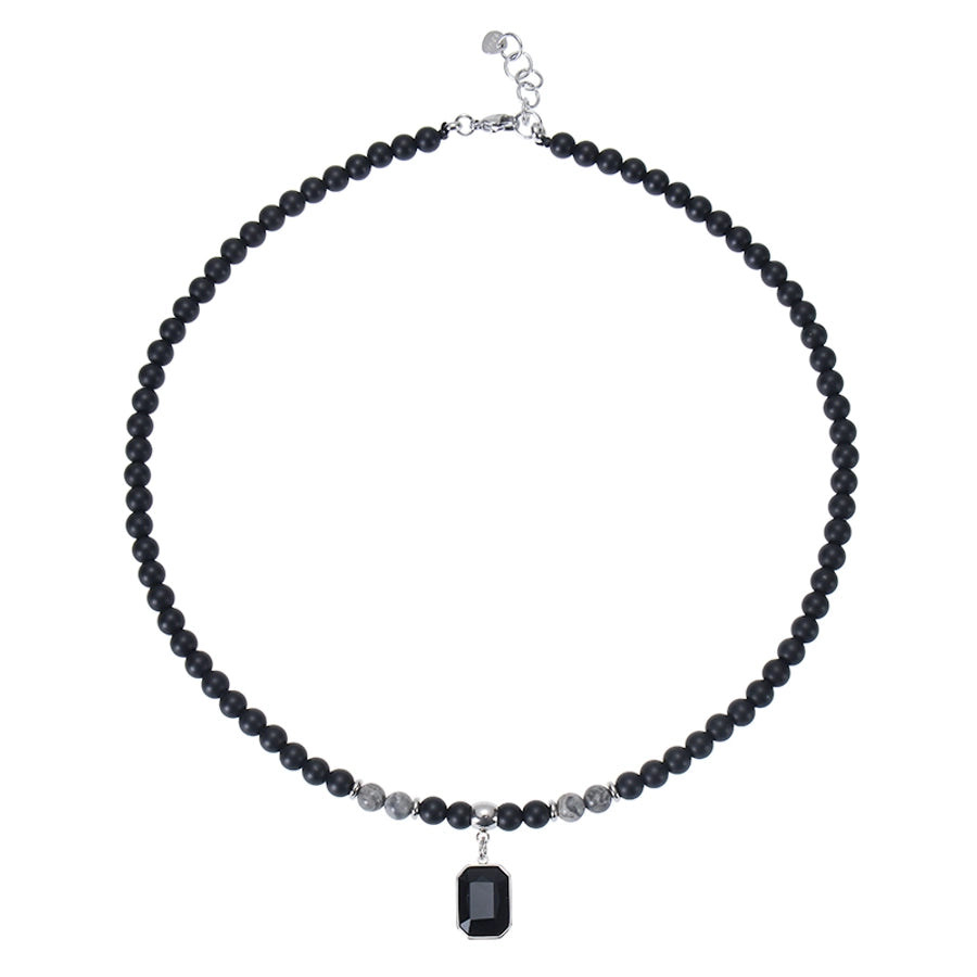Retro Stainless Steel Black Gemstone Pendant Necklace Men's Frosted Stone Tigereye Beaded Hip Hop Necklace Women