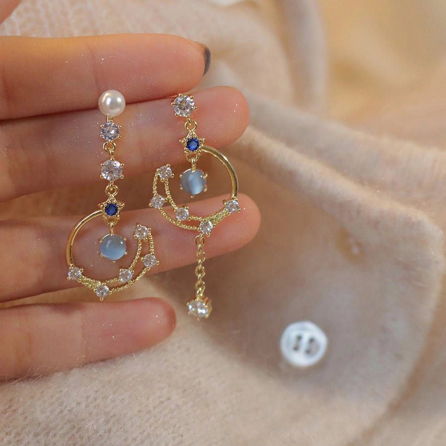 1 pair lady sweet moon flower bow knot inlay imitation pearl alloy rhinestones opal drop earrings