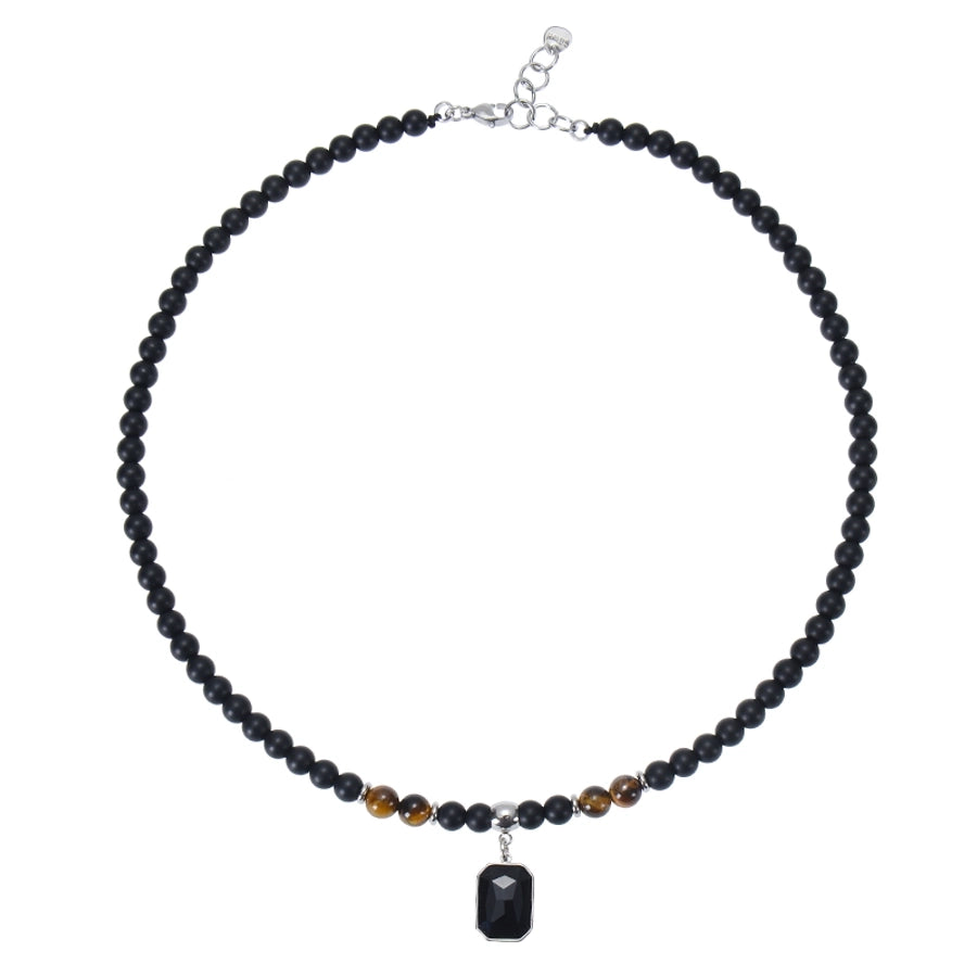 Retro Stainless Steel Black Gemstone Pendant Necklace Men's Frosted Stone Tigereye Beaded Hip Hop Necklace Women