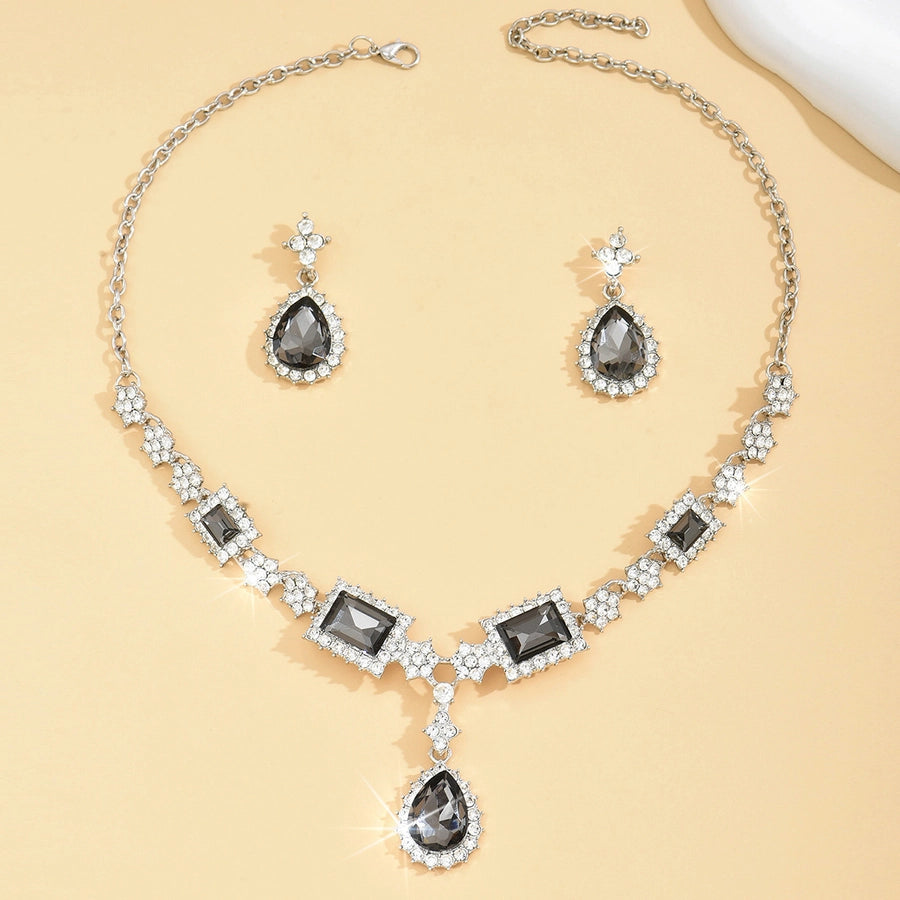 Diamond-encrusted Blue Square Water Drop Necklace Earrings Set Elegant Elegant Clavicle Chain New Style Light Luxury High-grade Necklace