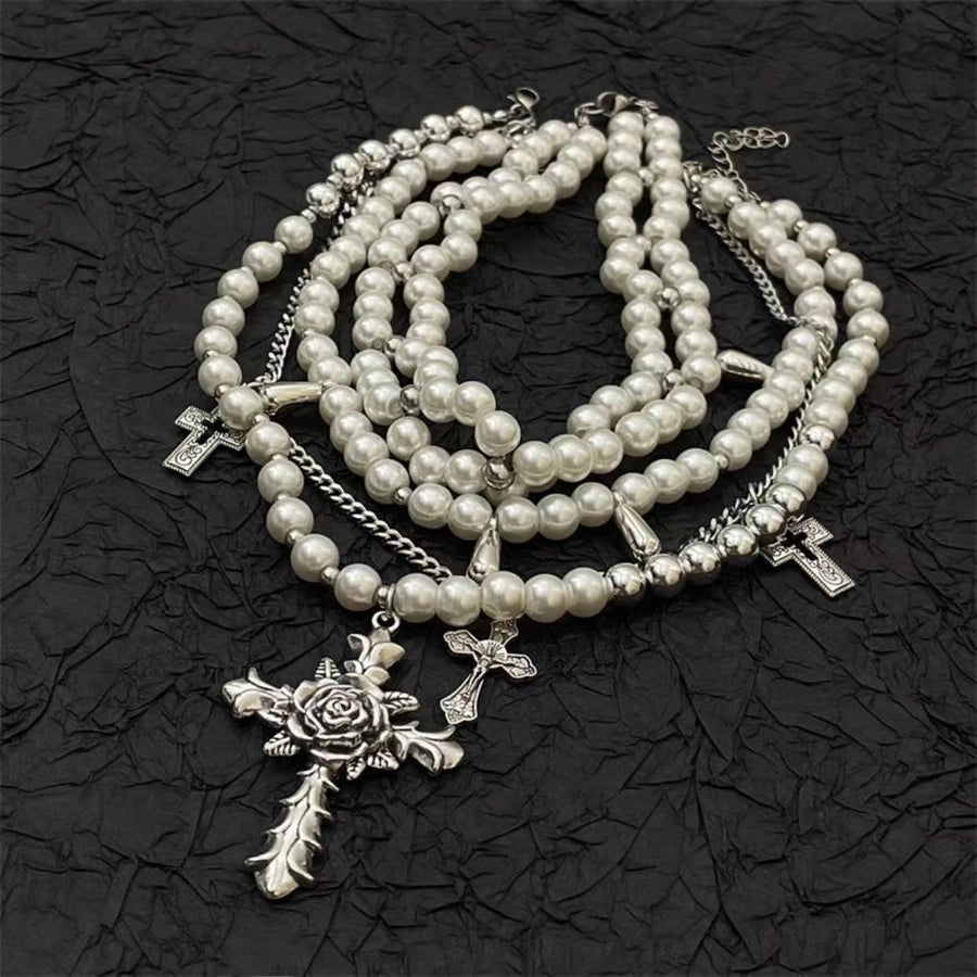 Pearl multi-layer stacked flower cross necklace light luxury niche high-grade clavicle chain personality trendy cool necklace for women