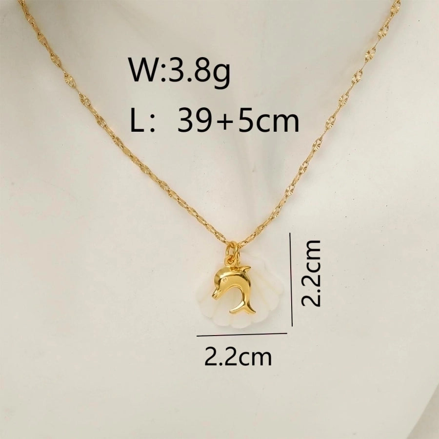 Vacation Marine Style Beach Starfish Dolphin Shell 18K Gold Plated Shell Titanium Steel  Pendant Necklace