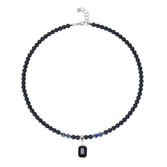 Retro Stainless Steel Black Gemstone Pendant Necklace Men's Frosted Stone Tigereye Beaded Hip Hop Necklace Women