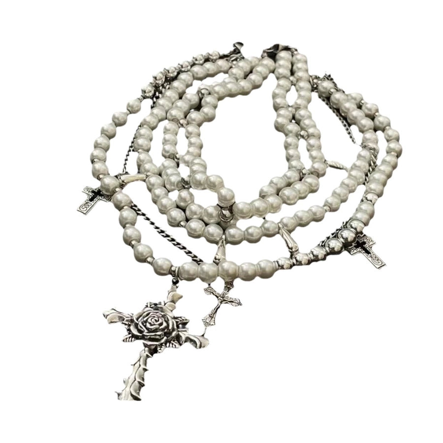 Pearl multi-layer stacked flower cross necklace light luxury niche high-grade clavicle chain personality trendy cool necklace for women