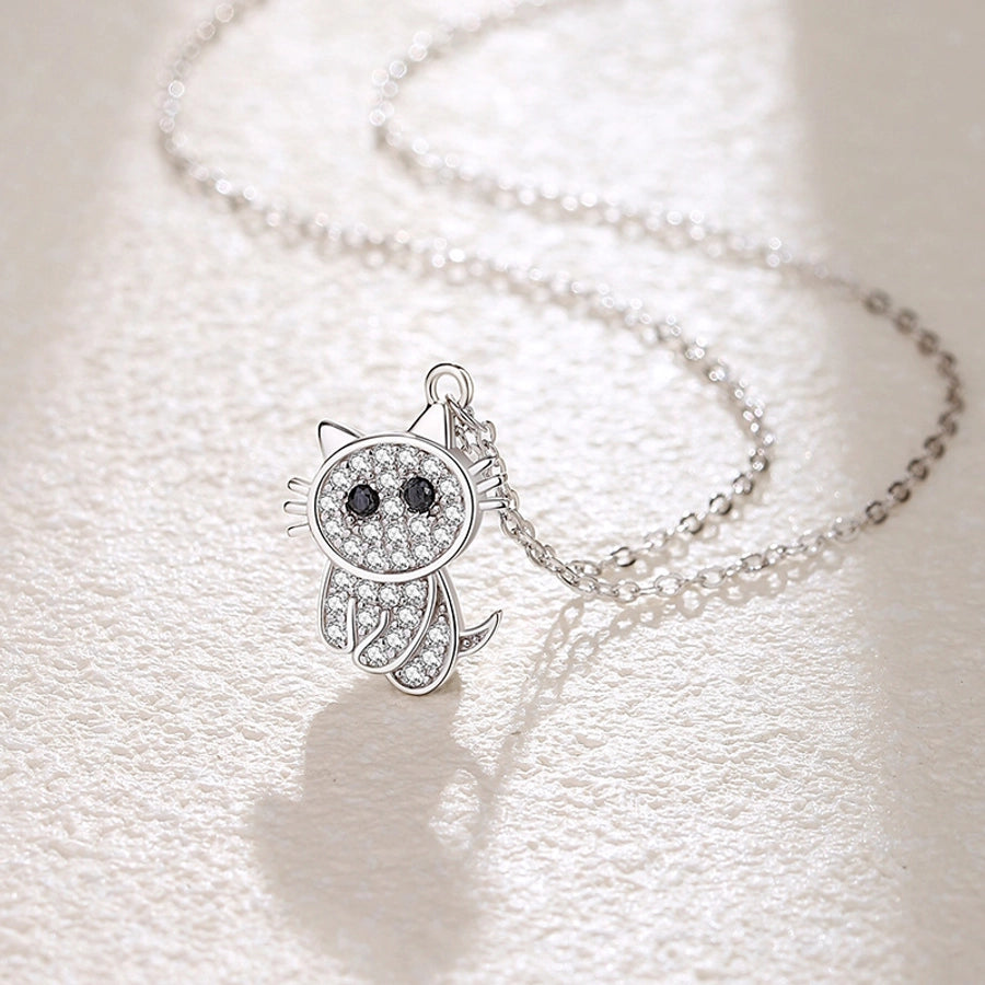 cute cat sterling silver polishing plating inlay zircon pendant necklace