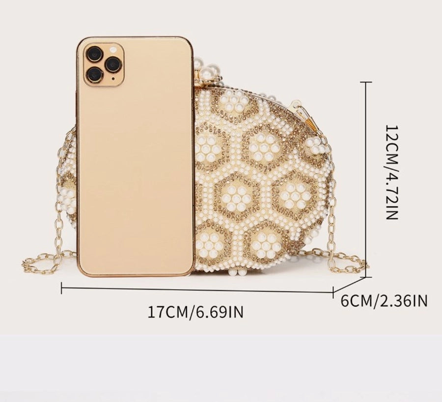 Gold Pu Leather Flower Oval Evening Bags
