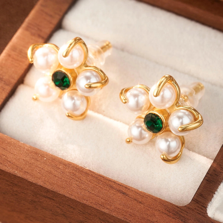 1 Pair Elegant Flower Plating Inlay Copper Rhinestones Pearl 18K Gold Plated Ear Studs