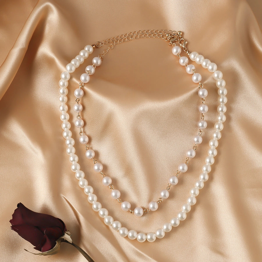 cute sweet geometric solid color imitation pearl plating chain women's necklace