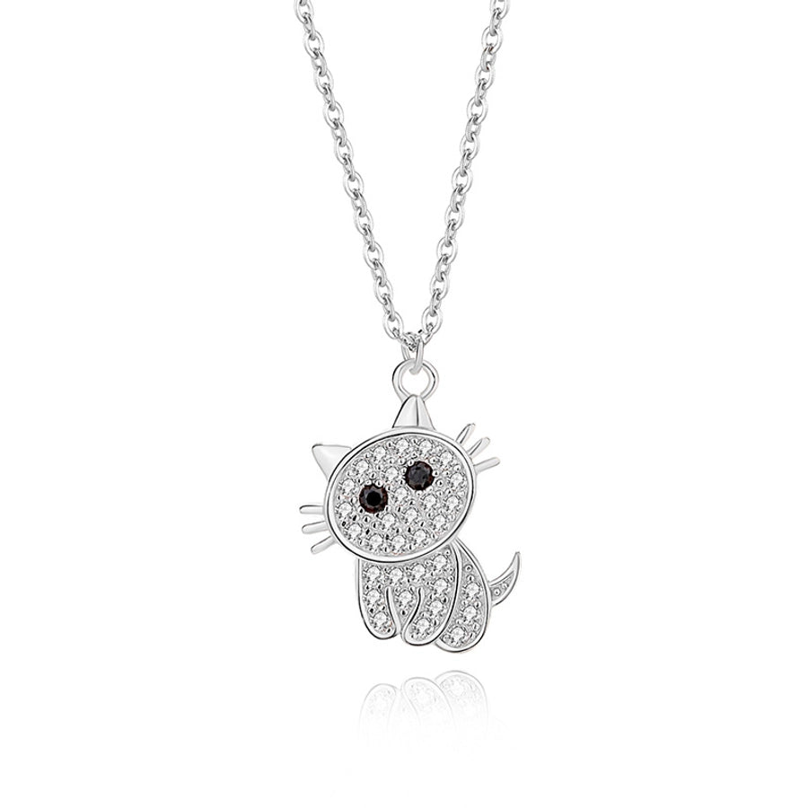 cute cat sterling silver polishing plating inlay zircon pendant necklace