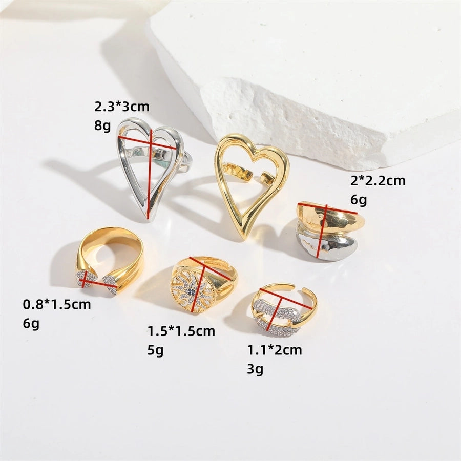 Copper 14K Gold Plated Hollow Out Inlay Heart Shape Zircon Open Rings