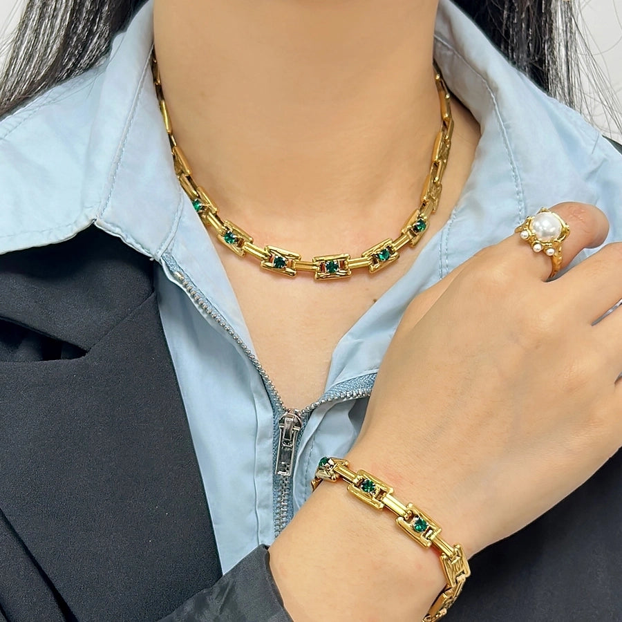 Jewelry Simple Style Classic Style Solid Color 304 Stainless Steel Rhinestones 18K Gold Plated Plating Inlay Jewelry Set