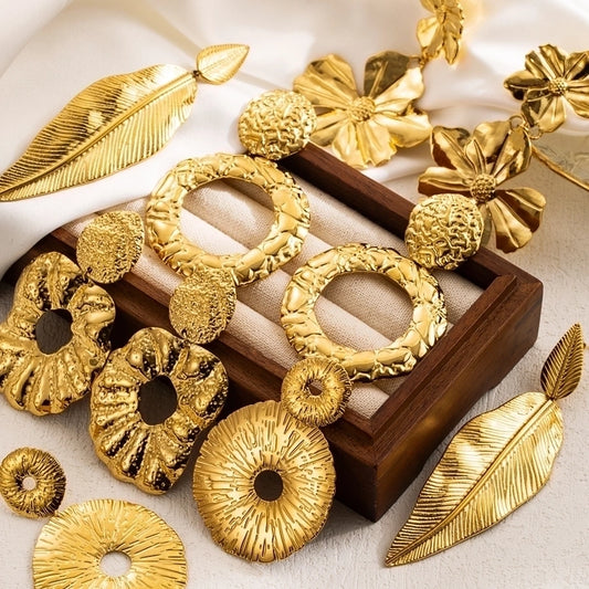 1 Pair Cool Style Round Leaves Flower Pleated 304 Stainless Steel 18K Gold Plated Drop Earrings