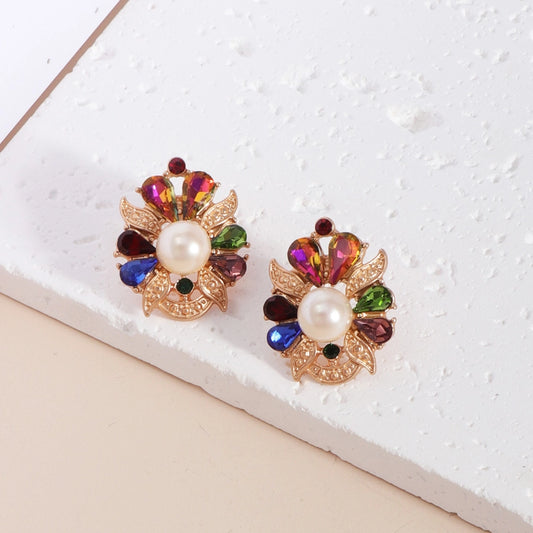 1 pair glam lady shiny flower plating inlay imitation pearl alloy gem rhinestones pearl 18k gold plated ear studs