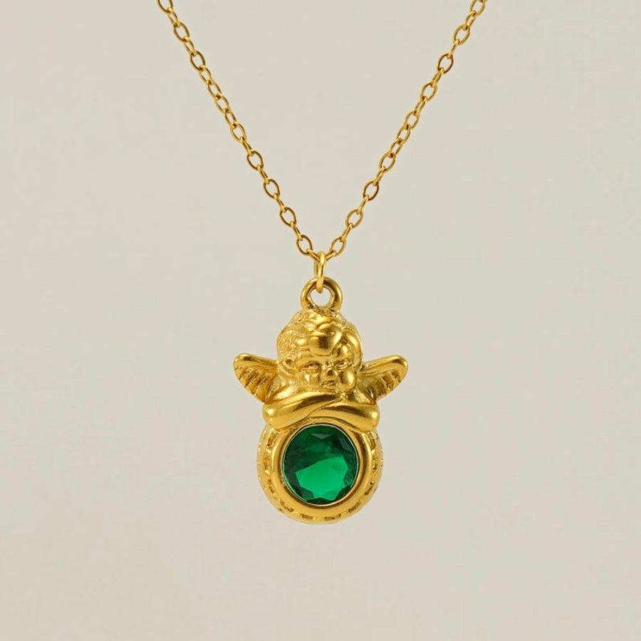Jewelry Retro Oval Eye Stainless Steel Gem Pearl 18K Gold Plated Plating Inlay Pendant Necklace Long Necklace