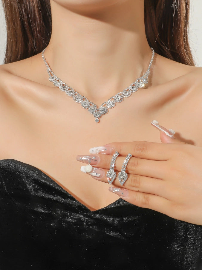 elegant classic style shiny geometric alloy inlay rhinestones women's earrings necklace