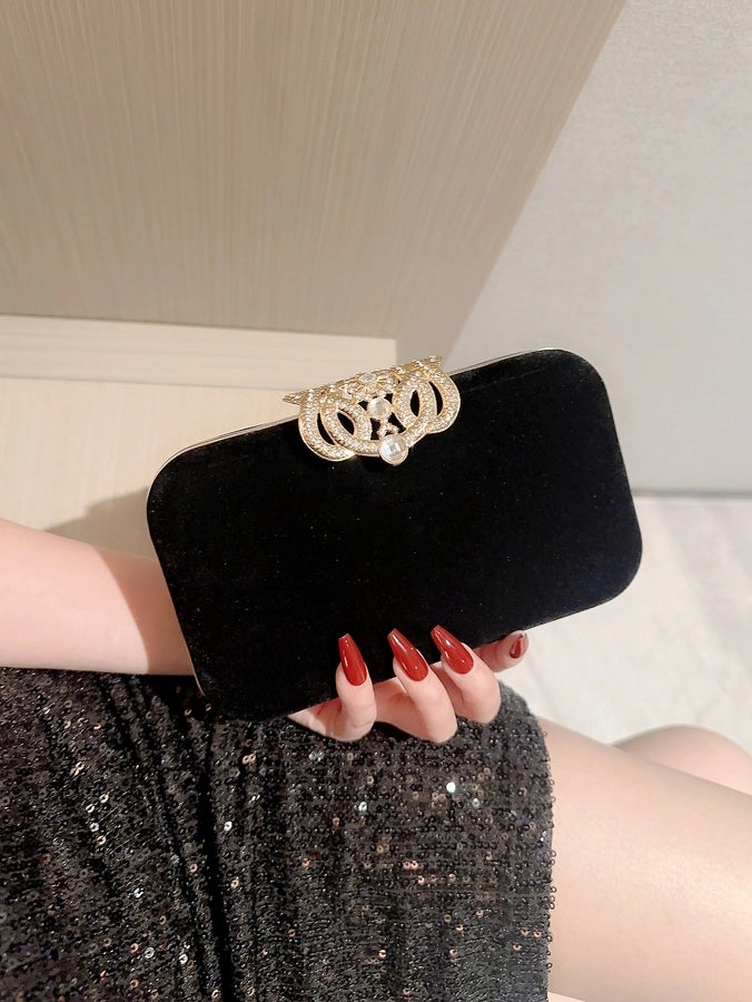 Black Polyester Solid Color Metal Button Evening Bags