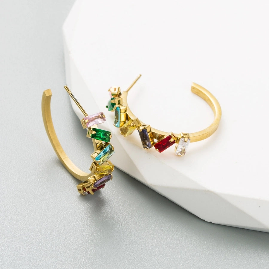 1 Pair Classic Style C Shape Inlay 304 Stainless Steel Rhinestones 18K Gold Plated Ear Studs