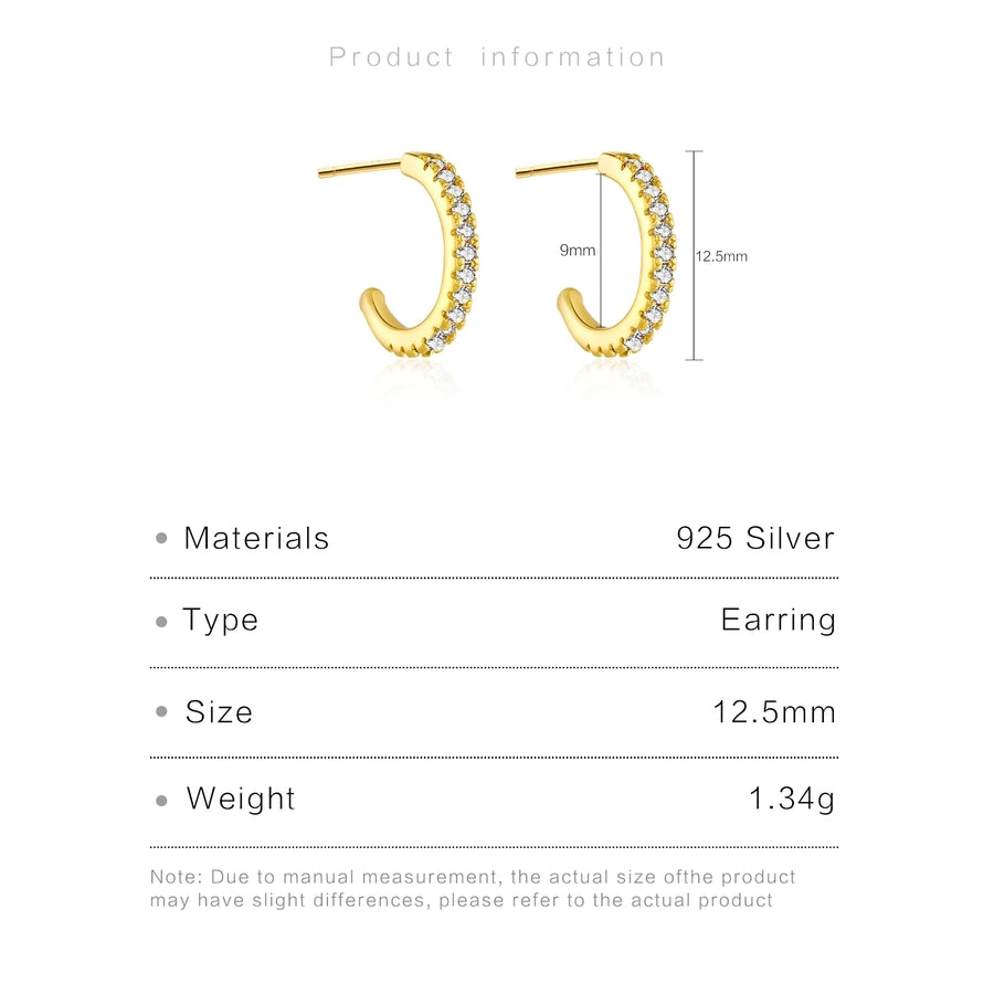 1 Pair 18K Gold Plated White Gold Plated Sterling Silver Zircon C Shape Ear Studs