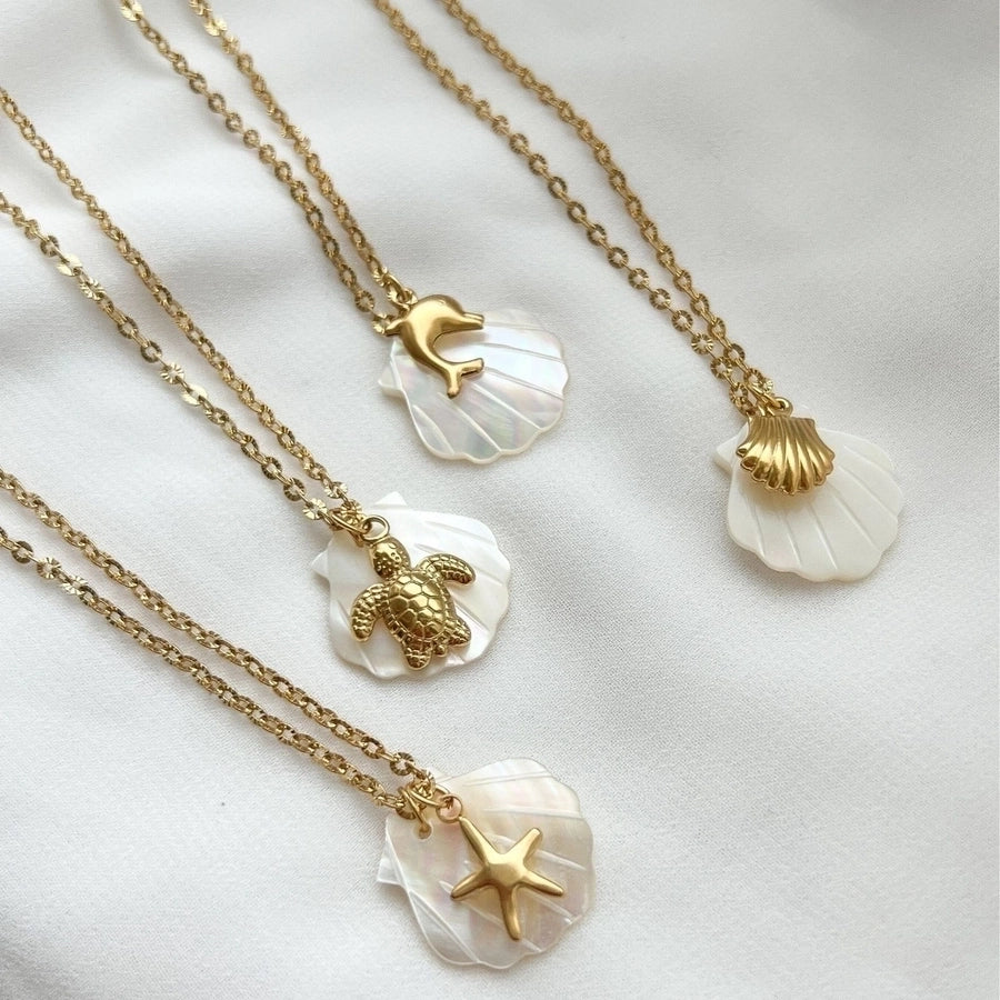 Vacation Marine Style Beach Starfish Dolphin Shell 18K Gold Plated Shell Titanium Steel  Pendant Necklace