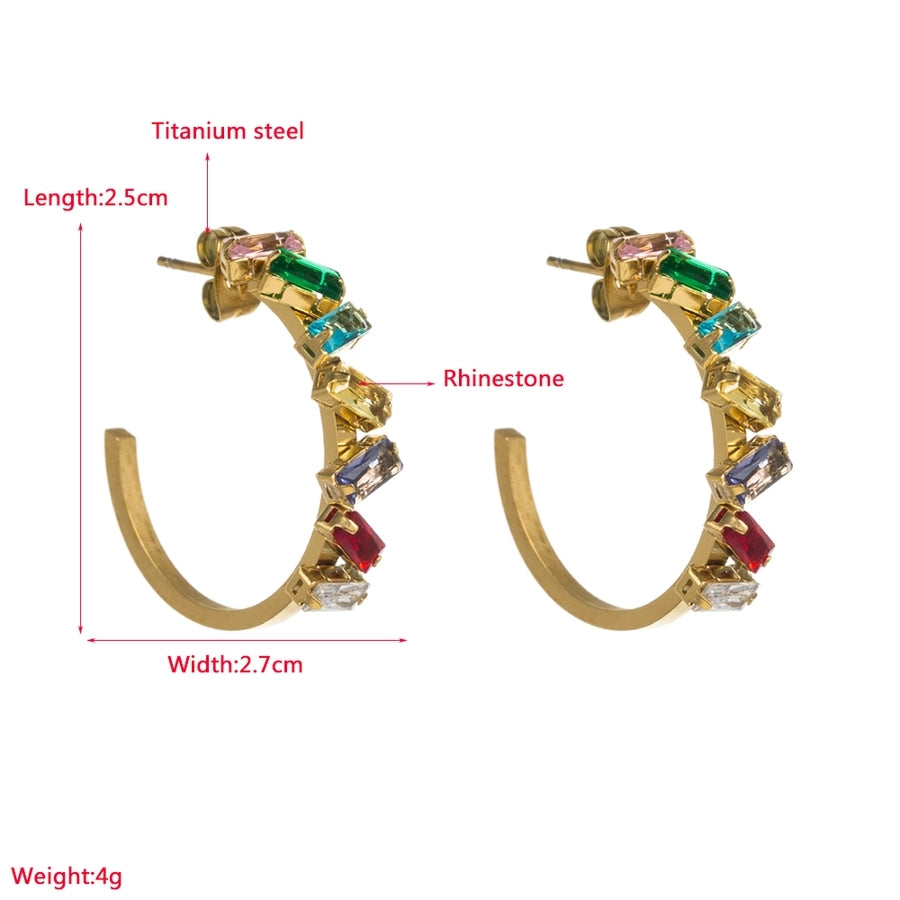 1 Pair Classic Style C Shape Inlay 304 Stainless Steel Rhinestones 18K Gold Plated Ear Studs