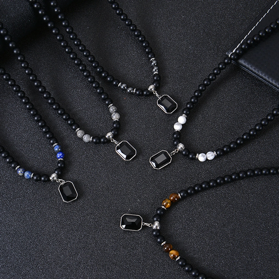 Retro Stainless Steel Black Gemstone Pendant Necklace Men's Frosted Stone Tigereye Beaded Hip Hop Necklace Women