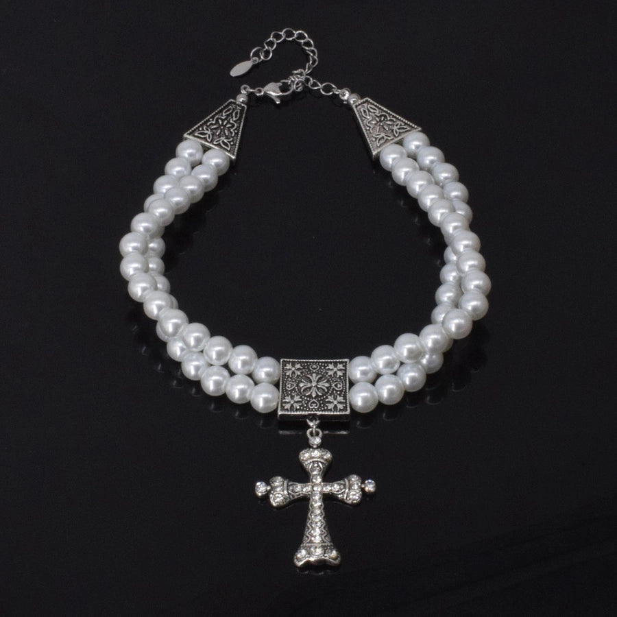 Vintage Pearl Double Layer Cross Necklace Female  Fashion Clavicle Chain Light Luxury Trend Niche Design