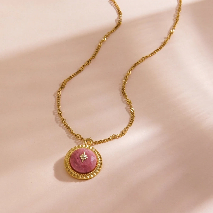 304 Stainless Steel natural stone 14K Gold Plated IG Style Vintage Style British Style Inlay Round Star Natural Stone Pendant Necklace