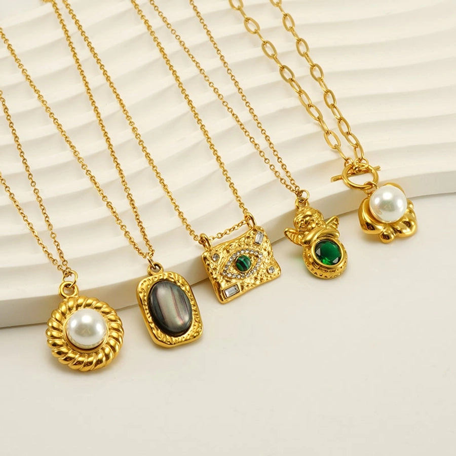 Jewelry Retro Oval Eye Stainless Steel Gem Pearl 18K Gold Plated Plating Inlay Pendant Necklace Long Necklace