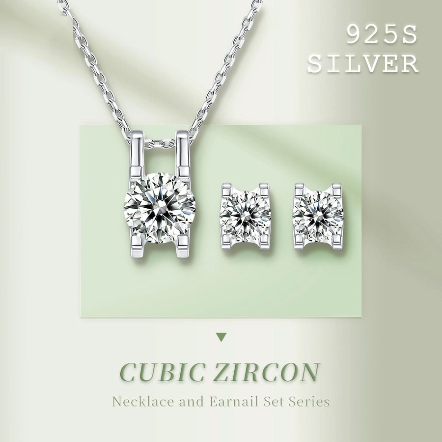 Elegant Princess Sweet Geometric Sterling Silver Inlay Zircon Rhodium Plated Women's Earrings Necklace