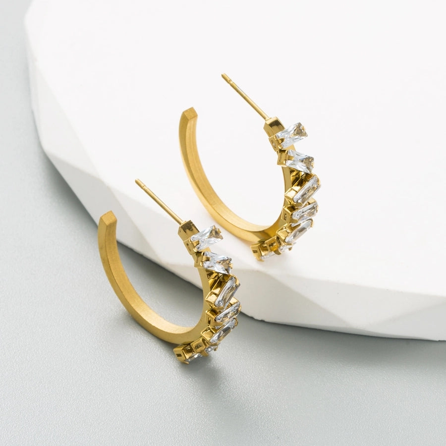 1 Pair Classic Style C Shape Inlay 304 Stainless Steel Rhinestones 18K Gold Plated Ear Studs