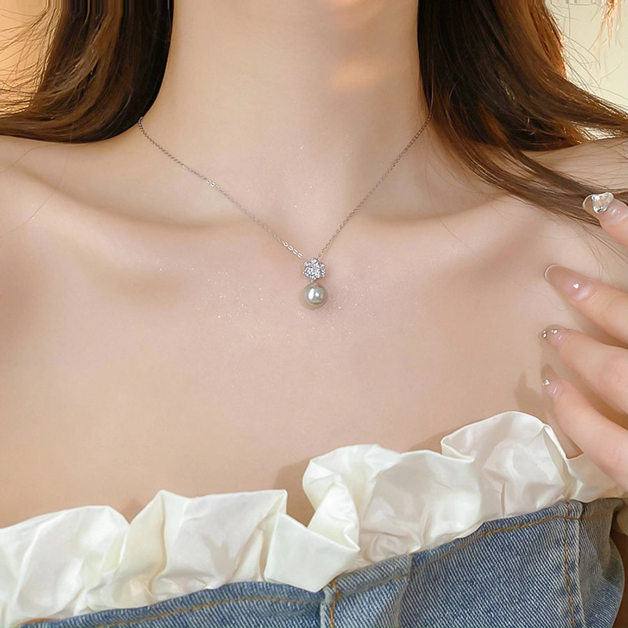 Elegant Simple Style Flower Imitation Pearl Copper Inlay Zircon Women's Earrings Necklace
