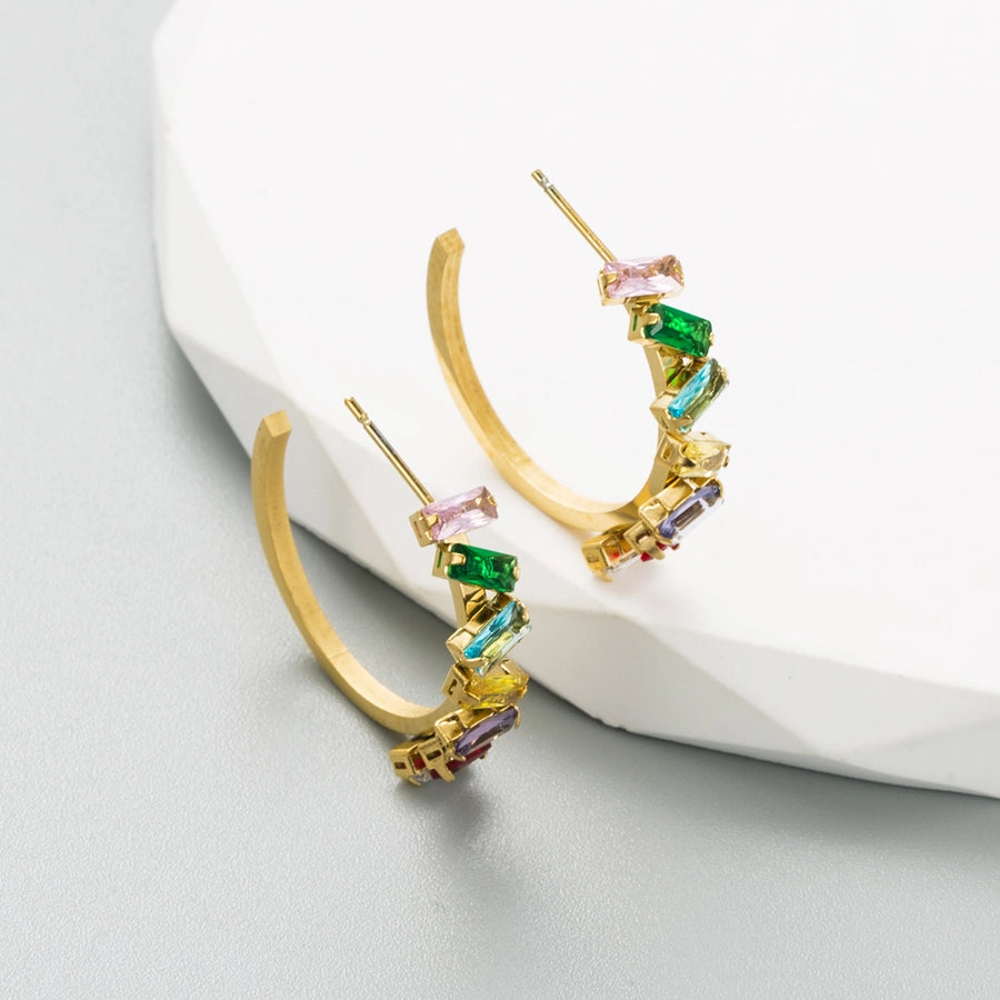 1 Pair Classic Style C Shape Inlay 304 Stainless Steel Rhinestones 18K Gold Plated Ear Studs