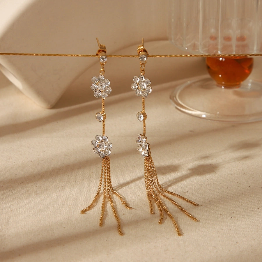 1 Pair Luxurious Simple Style Commute Flower Butterfly chain Inlay 304 Stainless Steel Acrylic Imitation Pearl Zircon 18K Gold Plated Drop Earrings