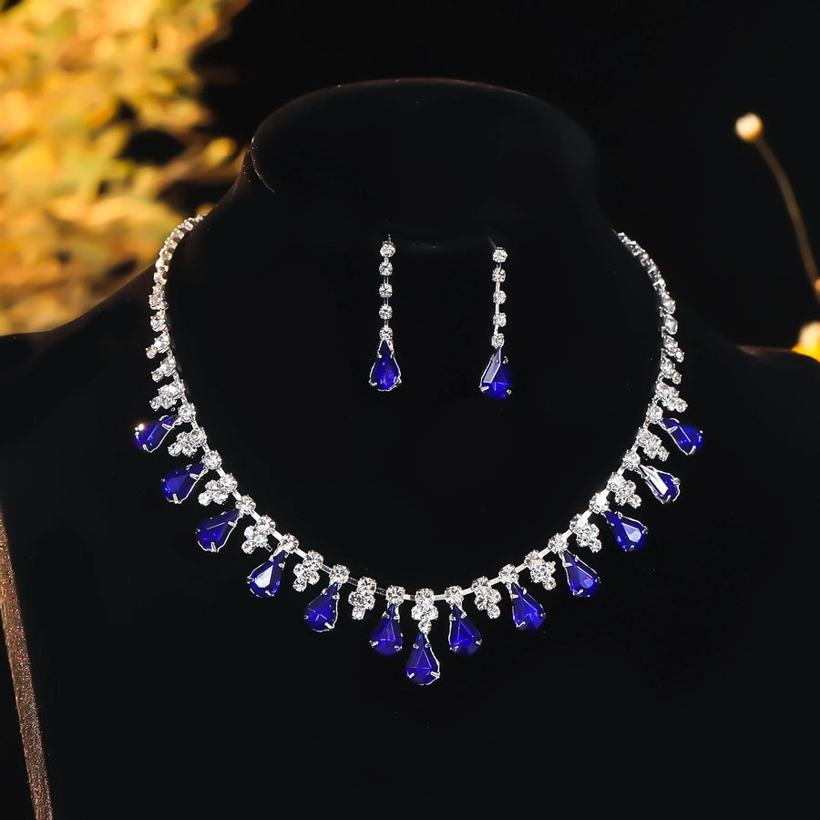 Copper Inlay Tassel Rhinestones Earrings Necklace Jewelry Set