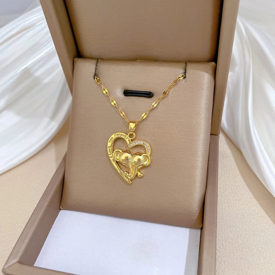 Titanium Steel Copper Hollow Out Inlay Heart Shape Elephant Zircon Pendant Necklace