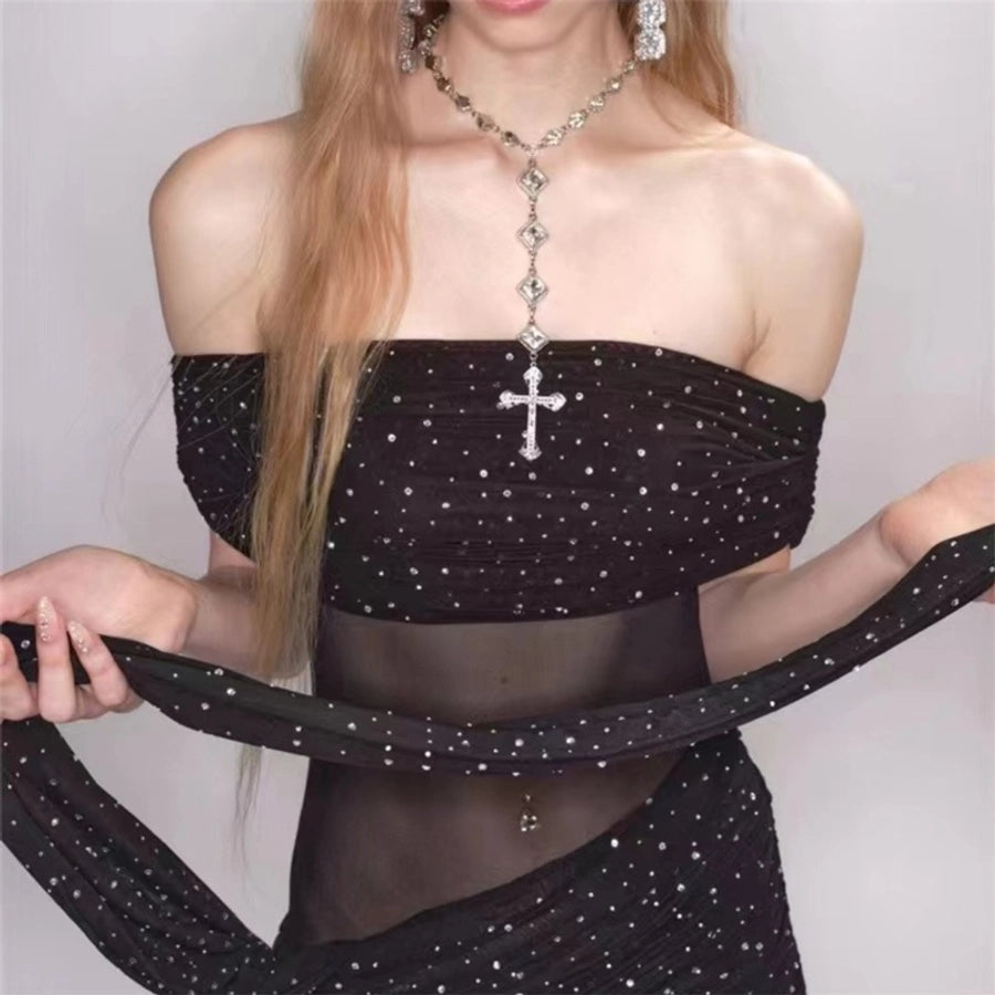 Hip-Hop Exaggerated Punk Cross Tassel Silver Plated Rhinestones Alloy Rhinestone Copper  Necklace