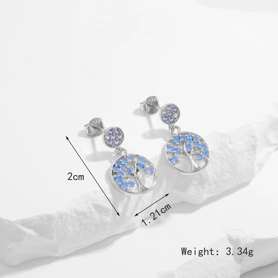 1 Pair Elegant Heart Shape Life Tree Butterfly Inlay Sterling Silver Zircon White Gold Plated Ear Studs