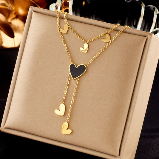fashion heart shape titanium steel tassel layered necklaces 1 piece