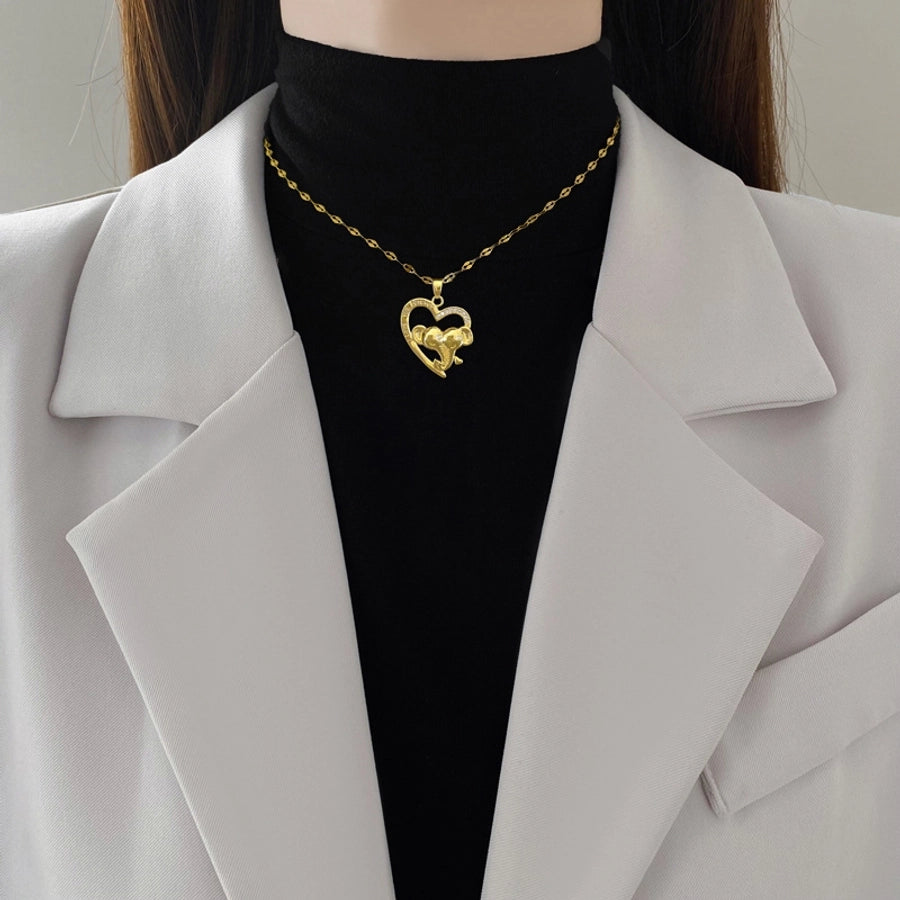 Titanium Steel Copper Hollow Out Inlay Heart Shape Elephant Zircon Pendant Necklace