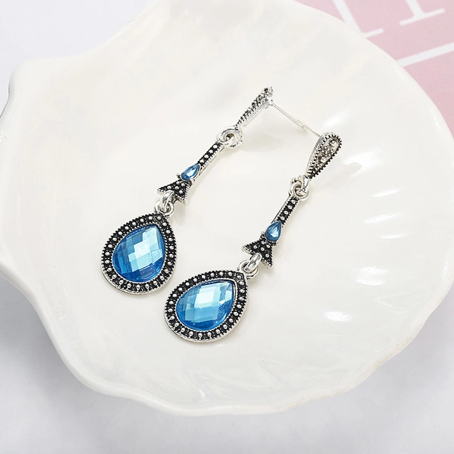retro style alloy inlaid blue zircon long earrings  jewelry