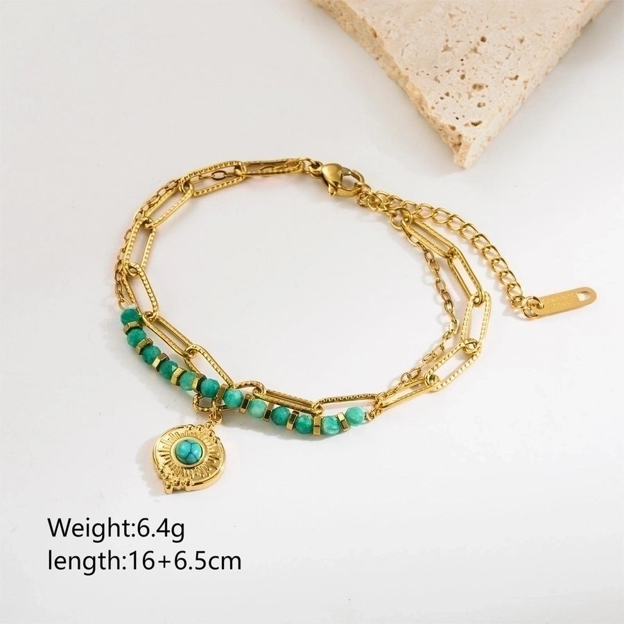 retro vacation heart shape eye stainless steel natural stone beaded plating inlay zircon 18k gold plated bracelets