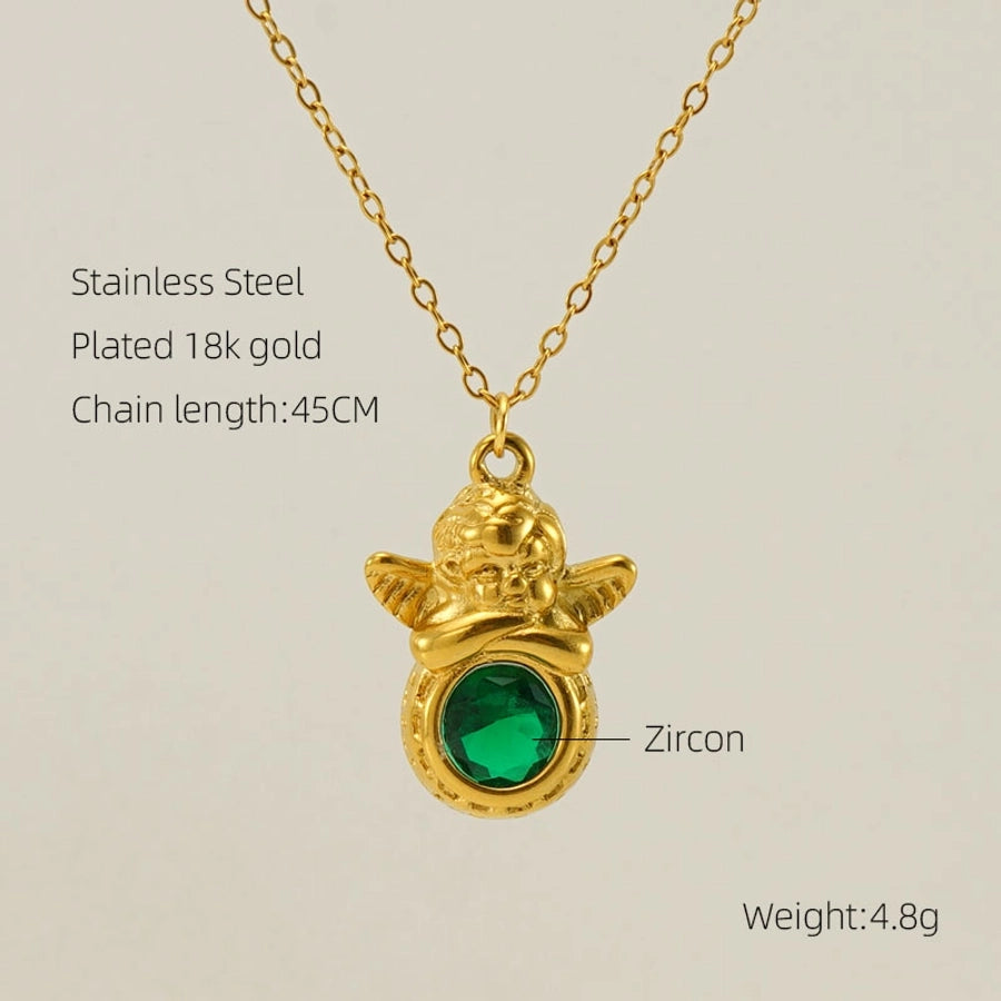 Jewelry Retro Oval Eye Stainless Steel Gem Pearl 18K Gold Plated Plating Inlay Pendant Necklace Long Necklace