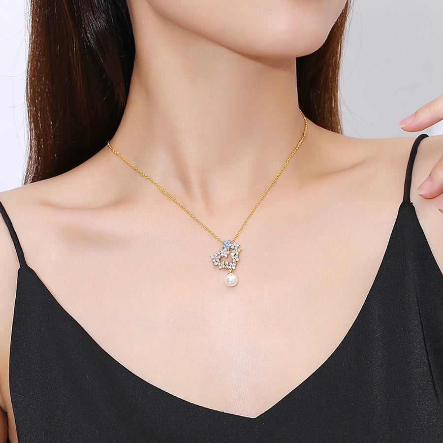 Colorful Crystals Heart Garland Necklace Bracelet Ear Studs Gold Plated Ornament Suit Women's Rhinestone Pearl Necklace Lovers Wild Collarbone Necklace Bracelet Bracelet Ear Studs Stud Earrings Suit