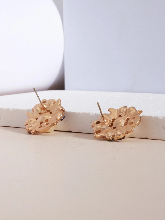 1 pair glam lady shiny flower plating inlay imitation pearl alloy gem rhinestones pearl 18k gold plated ear studs