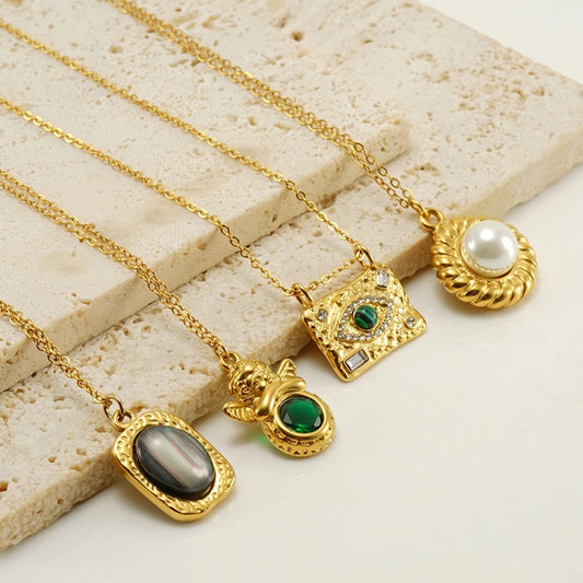 Jewelry Retro Oval Eye Stainless Steel Gem Pearl 18K Gold Plated Plating Inlay Pendant Necklace Long Necklace