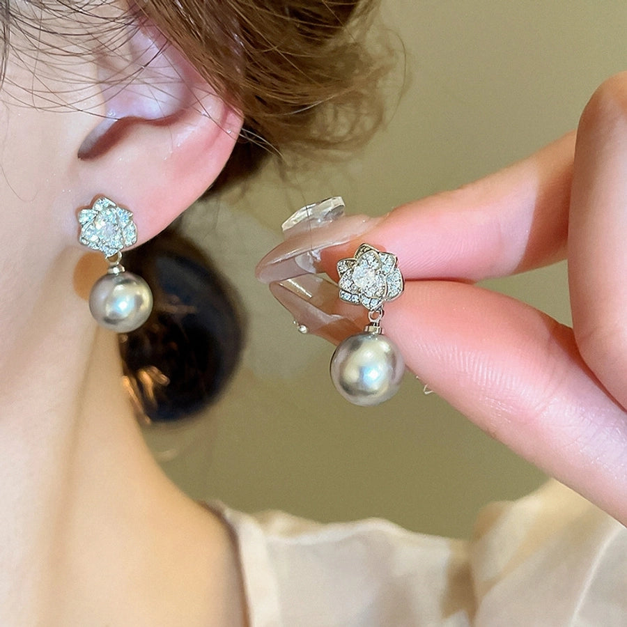 Elegant Simple Style Flower Imitation Pearl Copper Inlay Zircon Women's Earrings Necklace