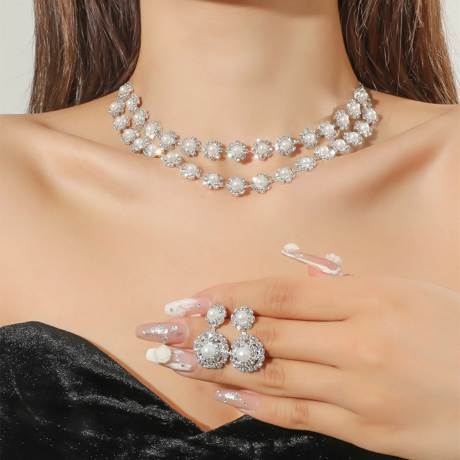 elegant classic style shiny geometric alloy inlay rhinestones women's earrings necklace