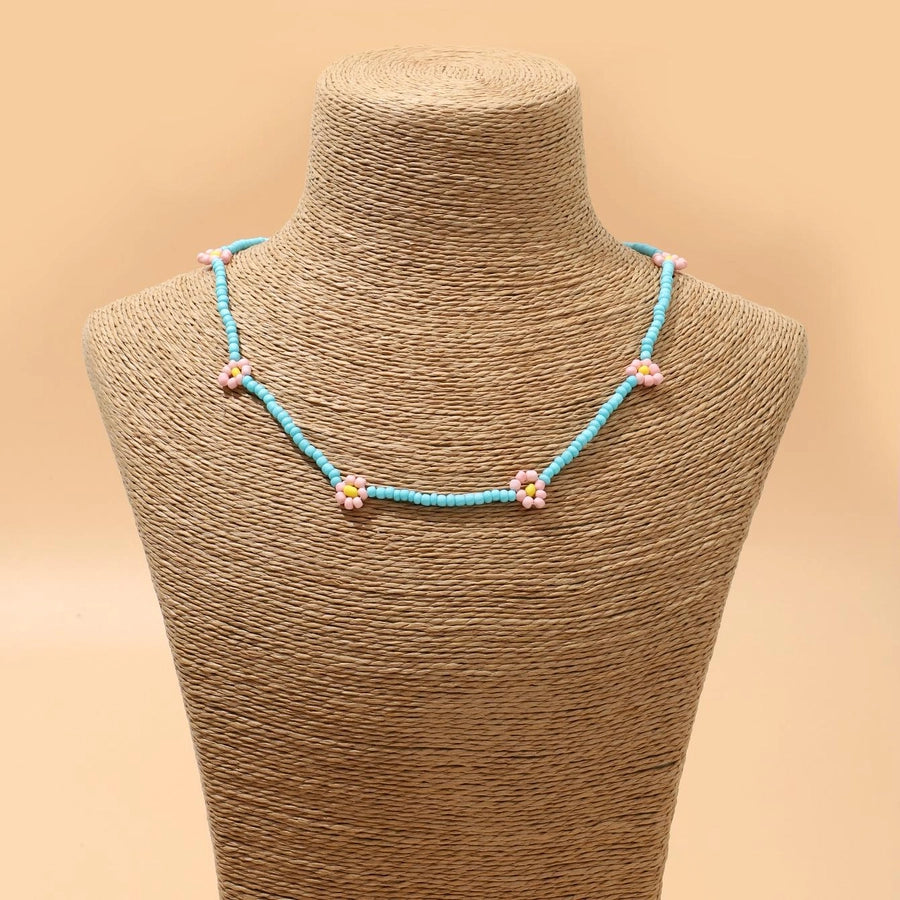 Vacation Beach Sweet Flower Plastic Seed Bead Beaded Women's Bracelets Necklace Jewelry Set